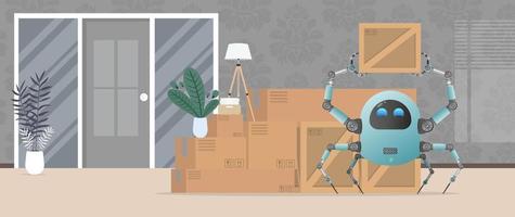 déménager à la maison ou au bureau. un petit robot futuriste tient une boîte. style bande dessinée. vecteur