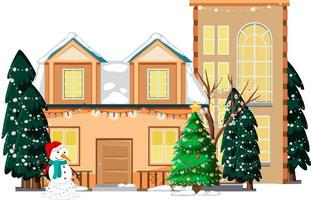 Construction de maisons couvertes de neige avec guirlande lumineuse de Noël vecteur