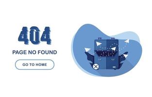 Page d'erreur 404 introuvable. aller à la bannière d'accueil. erreur système, page cassée. pour le site Web. valise d'affaires avec des documents d'avion en papier. rapport de problème. Bleu et blanc. eps 10 vecteur