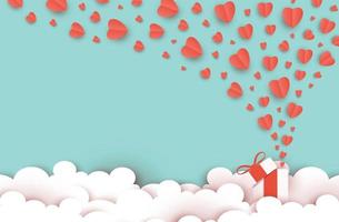 boîte-cadeau d'illustration avec amour volant et Saint-Valentin, style de coupe de papier origami, flotteur de coeur sur le ciel, art créatif de nuage de décoration, vecteur d'artisanat numérique