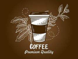 tasse de haricots de café dessinés à la main avec illustration de fond de branche vecteur