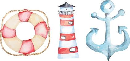 phare aquarelle dessiné à la main et ancre et bouée de sauvetage vecteur