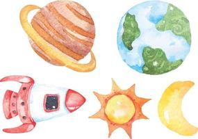 dessin animé avec terre vaisseau spatial planète soleil peint à l'aquarelle 1 vecteur