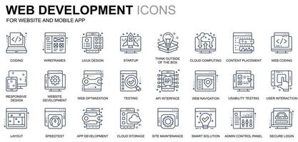 ensemble simple d'icônes de ligne de conception et de développement Web pour le site Web et les applications mobiles. contient des icônes telles que le codage, le développement d'applications, la convivialité. icône de ligne de couleur conceptuelle. pack de pictogrammes vectoriels. vecteur