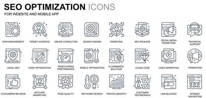 ensemble simple d'icônes de ligne d'optimisation du référencement et du Web pour le site Web et les applications mobiles. contient des icônes telles que cible, marketing, croissance du trafic. icône de ligne de couleur conceptuelle. pack de pictogrammes vectoriels. vecteur