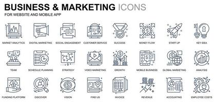 ensemble simple d'icônes de ligne d'affaires et de marketing pour le site Web et les applications mobiles. contient des icônes telles que vision, mission, planification, marché. icône de ligne de couleur conceptuelle. pack de pictogrammes vectoriels.