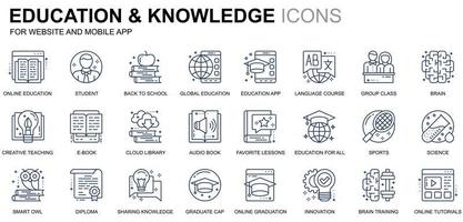 ensemble simple d'icônes de ligne d'éducation et de connaissances pour le site Web et les applications mobiles. contient des icônes telles que l'étude, l'école, l'obtention du diplôme, le livre électronique. icône de ligne de couleur conceptuelle. pack de pictogrammes vectoriels.