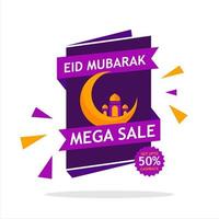 conception de bannière de vente méga eid mubarak, avec croissant de lune, mosquée et offre de remboursement de 50% sur fond blanc vecteur