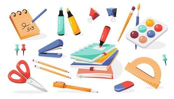 fournitures scolaires, cahiers, stylos, crayons, gomme, peintures, pinceaux, agrafeuse, ciseaux, marqueurs, rapporteur, bloc-notes. retour à l'école. vecteur