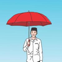 illustration d'un homme portant des vêtements blancs portant un parapluie rouge vecteur