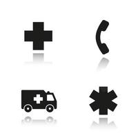 ensemble d'icônes noires d'ombre portée d'ambulance. symbole de croix d'hôpital, signe de téléphone d'assistance téléphonique, voiture d'urgence d'ambulance, signe d'étoile de vie. illustrations vectorielles isolées vecteur