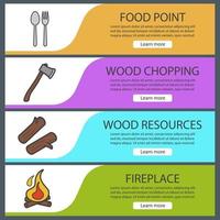 ensemble de modèles de bannière de pique-nique. facile à modifier. bois de chauffage, hache, cuillère et fourchette, feu de joie. éléments de menu du site Web. bannière web couleur. concepts de conception d'en-têtes vectoriels vecteur