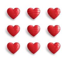 ensemble de coeurs 3d rouges avec différents motifs isolés sur fond blanc. décorations pour la saint valentin. illustration vectorielle vecteur