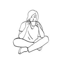 femme assise sur le sol avec une tasse de café illustration vecteur dessiné à la main isolé sur fond blanc dessin au trait.