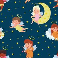 modèle sans couture avec de mignons petits anges dans le ciel nocturne dans un style plat de dessin animé. imprimer pour la saint valentin avec des cupidons pour enfants vecteur