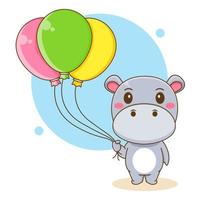 personnage de dessin animé mignon hippopotame tenant des ballons vecteur