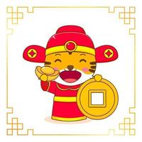 tigre mignon dans le personnage de dessin animé de costume de dieu de la richesse. célébration du nouvel an chinois. vecteur