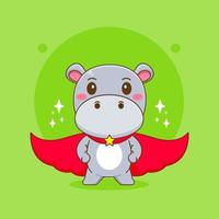 personnage de dessin animé mignon hippopotame en tant que super-héros vecteur