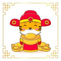 tigre mignon dans le personnage de dessin animé de costume de dieu de la richesse. célébration du nouvel an chinois. vecteur