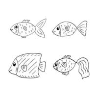 jeu de poisson doodle dessiné à la main. , minimalisme, scandinave, monochrome, nordique. icône d'autocollant d'océan de mer de la vie marine vecteur