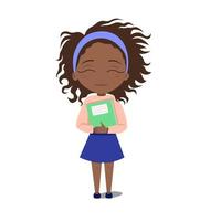 une écolière embrasse un livre. la fille à la peau foncée sourit. illustration vectorielle sur fond blanc isolé. image de stock. vecteur