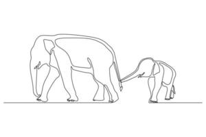 ligne continue de bébé éléphant et maman. illustration vectorielle d'éléphant et d'enfants d'art d'une seule ligne vecteur