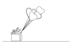 dessin en ligne continu d'un ballon à air en forme de coeur qui sort de la boîte. art unique d'une ligne de cadeau d'amour pour la saint valentin. illustration vectorielle vecteur