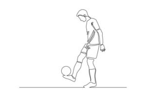 dessin en ligne continu d'un joueur de football qui donne un coup de pied au ballon. dessin au trait unique d'un jeune homme joueur de football dribble et jongle avec le ballon. illustration vectorielle vecteur