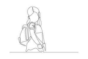 dessin en ligne continu d'une petite fille marchant dans la rue. concept d'étudiant avec sac aller à l'école. illustration vectorielle vecteur