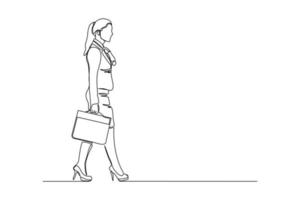 dessin en ligne continu d'une jeune femme d'affaires heureuse tenant une mallette. dessin d'une seule ligne d'employé de bureau. illustration vectorielle vecteur