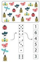 jeu éducatif de mathématiques pour les enfants. feuille de calcul mathématique pour les enfants avec des insectes colorés, des papillons, des coléoptères, des fleurs. vecteur, style cartoon. vecteur