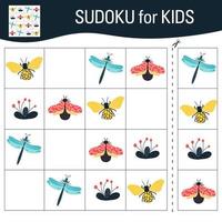 jeu de sudoku pour les enfants avec des images. papillons de dessins animés, insectes et éléments du monde naturel. vecteur. vecteur