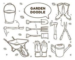 ensemble de coloriage de style doodle de dessin animé d'outil de jardin dessiné à la main vecteur