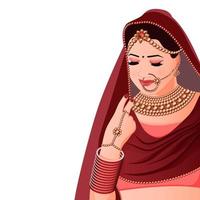 femmes au look nuptial indien traditionnel, femmes en sari avec de lourds bijoux en or, illustration vectorielle de personnage de mariée indienne pour cartes d'invitation, bannière, promotions sur les réseaux sociaux. vecteur