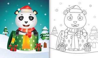 livre de coloriage avec un joli panda personnages de noël utilisant un bonnet et une écharpe de père noël dans la boîte cadeau vecteur