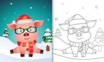 livre de coloriage avec un cochon mignon personnages de noël avec un bonnet et une écharpe de santa vecteur