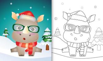 livre de coloriage avec un joli rhinocéros personnages de noël avec bonnet et écharpe de santa vecteur