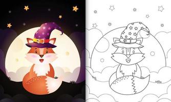 livre de coloriage avec un mignon dessin animé halloween renard sorcier devant la lune vecteur