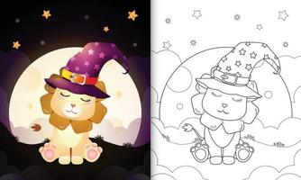 livre de coloriage avec un lion de sorcière halloween dessin animé mignon devant la lune vecteur