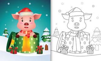 livre de coloriage avec un cochon mignon personnages de noël utilisant un bonnet et une écharpe de père noël dans la boîte cadeau vecteur