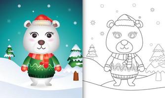 livre de coloriage avec un joli ours polaire personnages de noël avec un bonnet de noel, une veste et une écharpe vecteur