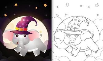 livre de coloriage avec un dessin animé mignon halloween sorcière éléphant devant la lune vecteur