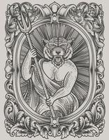 illustration démon tigre avec cadre d'ornement de gravure vecteur