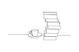 dessin en ligne continu d'une pile de livres à côté d'une tasse de café au bureau. rédaction d'un projet de concept d'entreprise. illustration graphique vectorielle de conception de dessin au trait unique moderne vecteur