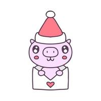 cochon mignon porte un bonnet de noel dans un dessin animé d'enveloppe. illustration de noël. graphiques vectoriels pour les impressions de t-shirts et autres utilisations. vecteur