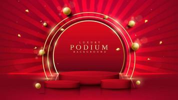 podium d'affichage de produit rouge avec cercle doré et éléments de boule 3d avec décoration bokeh et effet de lumière scintillant. vecteur