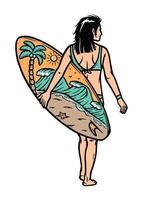 belle femme et illustration de planche de surf vecteur