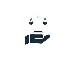 modèle de logo de bureau d'avocats, main et échelle de justice icône vecteur logo modèle illustration design