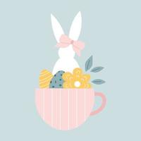 lapin de pâques dans une tasse avec des fleurs et des oeufs vecteur