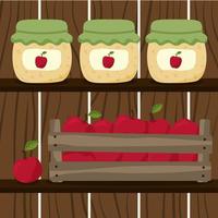 récolte de pommes dans le garde-manger. confiture de pomme, boîte, pomme rouge. cellier, cave à confiture sur les étagères vecteur